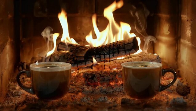 Cozy winter interior featuring two steaming mugs on wooden table with roaring fireplace the background capturing high quality atmosphere of warmth and comfort