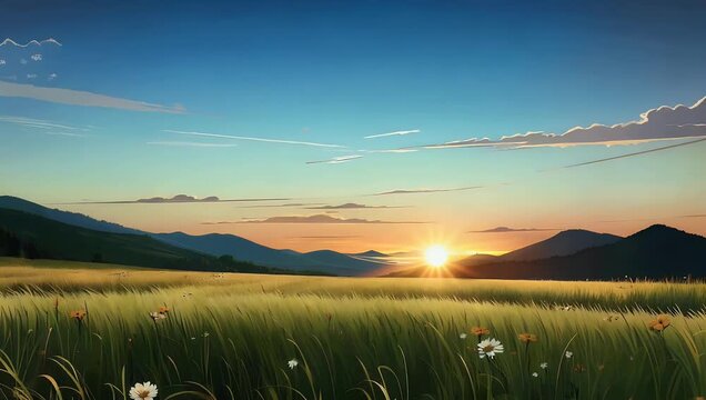 serene and tranquil 4K flat vector illustration of meadow during the golden hour featuring gentle rolling hills and clean isolated background specifically designed for professional business