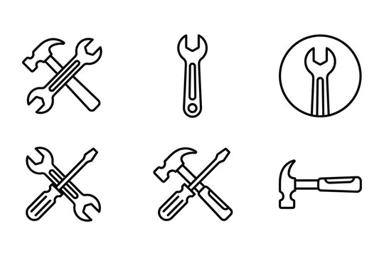 Maintenance and repair tool icon set featuring crossed hammer wrench screwdriver symbols for service and support concepts screwdriver