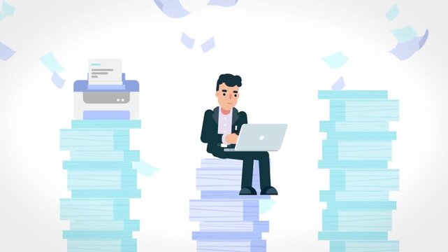 Overworked businessman sitting on pile of documents animation, workload stress and office pressure concept in corporate environment
