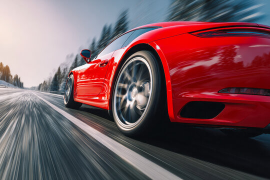 Red sports car racing down a highway surrounded by trees with motion blur capturing the thrill and speed of a fast drive on an open road