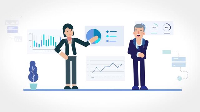 Business presentation with charts and speaker animation, corporate meeting and financial analysis concept in modern office environment