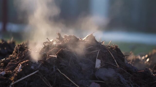 Warm vapor gently rising from a vibrant compost pile in soft sunlight, illustrating the natural decomposition process and sustainable organic waste management for enriched soil