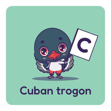 Cute cuban trogon holding flag with letter C for fun educational purposes, illustrations