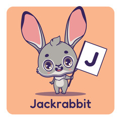 Obraz premium Cute jackrabbit holding flag with letter J for fun educational purposes, illustrations