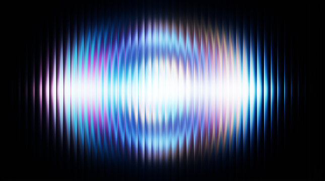 Abstract sound wave visualization, glowing blue and purple audio frequency pulse, digital signal interference pattern on black background