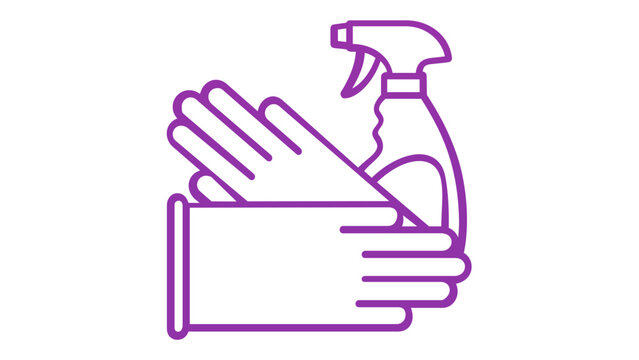 Purple line art vector illustration featuring a spray bottle and protective rubber gloves for household cleaning, sanitation, and hygiene, minimalist flat icon design for housekeeping tasks.