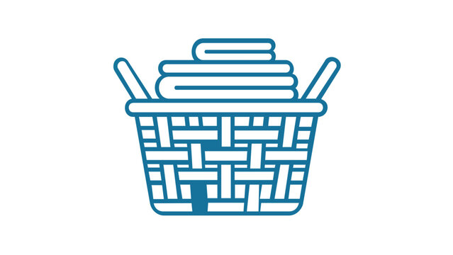 Minimalist laundry basket vector icon illustration featuring neatly folded clothes and towels inside a woven hamper. Clean line art design for household chores, cleaning, and home organization.