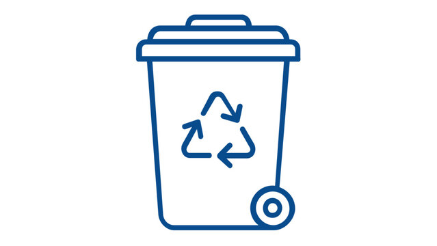 Blue line vector icon of a recycling bin with a recycle symbol, minimalist dustbin illustration for waste management, environmental sustainability, and household cleaning, scalable flat design.