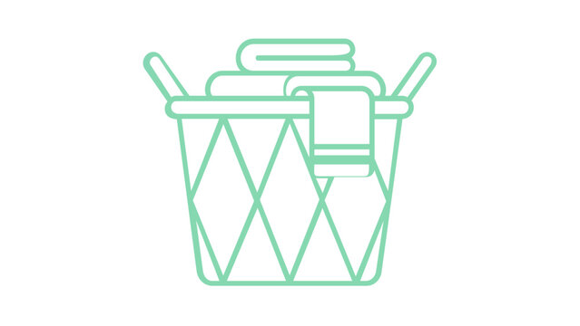 Laundry basket vector icon illustration featuring folded clothes and towels. Minimalist flat design with a blue and green gradient. Scalable graphic for household cleaning and laundry tasks.