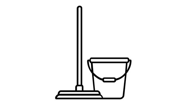 Minimalist black and white vector icon illustration of a cleaning mop and bucket set, ideal for household chores, janitorial services, sanitation, and hygiene-related graphic design projects.