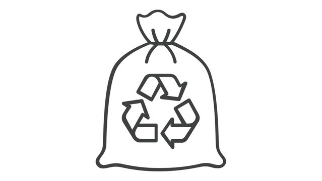 Minimalist vector line icon illustration of a tied recycling trash bag featuring a prominent Mobius loop symbol, ideal for waste management, environmental sustainability, and eco-friendly cleaning.