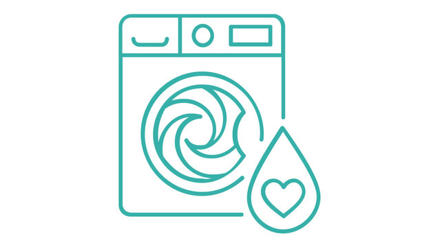 Minimalist teal line vector icon illustration of a washing machine with a water drop and heart symbol, representing gentle laundry care, eco-friendly detergent, and professional cleaning services.