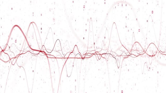 Abstract waveform visualization combining heart-rate&ndash;like oscillating lines with floating binary digits. The composition blends medical monitoring and digital data. Seamless looping animation.