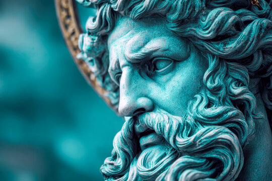 Detailed artistic view of an ancient blue-hued sculpture depicting a bearded man with intense expression and flowing curly hair against blurred teal background