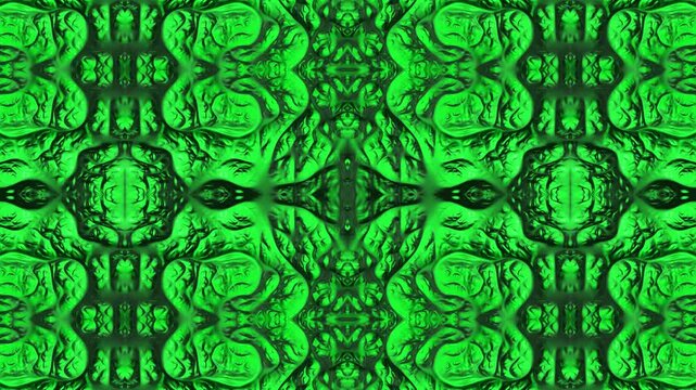 Abstract symmetrical green pattern with organic, fluid textures slowly morphing and blending. The evolving shapes create a hypnotic, kaleidoscopic effect. Seamless looping animation.