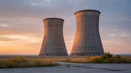 Fototapeta premium Weathered coal plant cooling towers stand silent at blue hour, wildflowers reclaiming cracked concrete at their base, a child placing a handpainted sign reading 