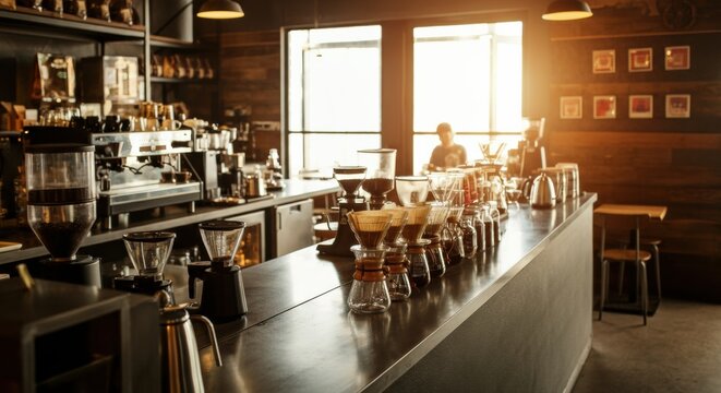 Coffee shop counter lined with pour-over brewers and warm morning sunlight