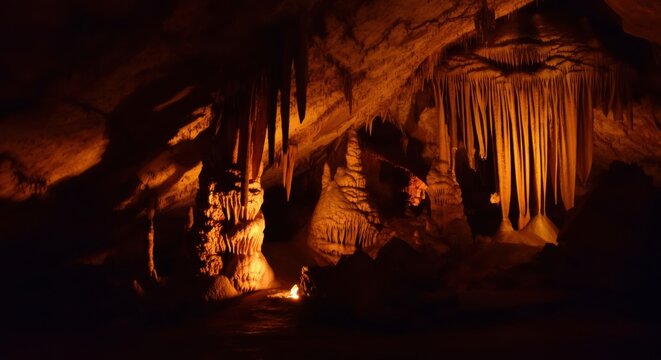 Cave interior illuminated by warm light revealing stalactites and flowstone