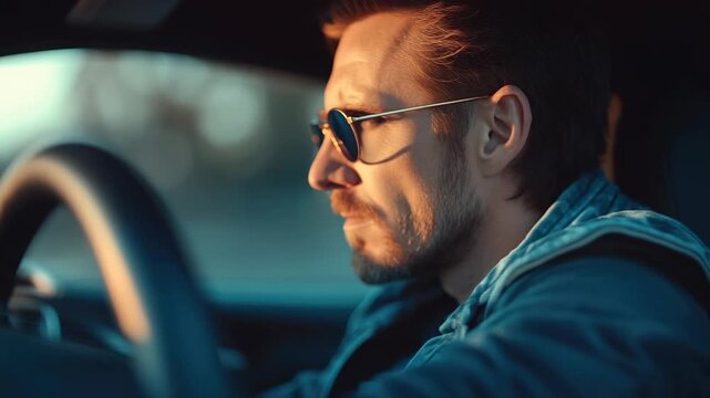 Man in sunglasses drives a car, possibly a stunt driver from an action or thriller film.