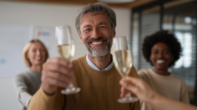 Community energy cooperative board members celebrating first dividend payout in modest office, multicultural group clinking water glasses, wall chart showing energy production rising, spring