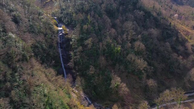 Aerial views of the stunning gorge and Kevin waterfall in Machakhela National Park near Batumi. Adjara. Georgia.