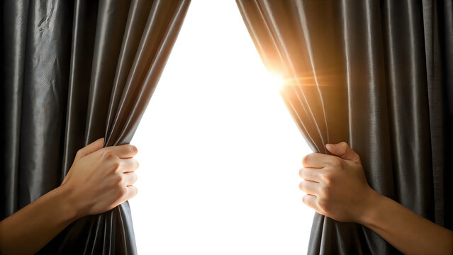 Person pulling back curtains to reveal bright sunlight shining through isolated on transparent background