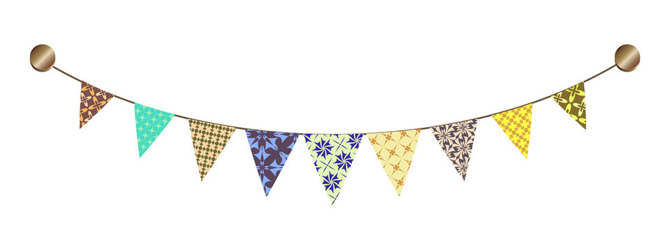 Colorful triangular bunting flags hanging on a string with golden holders  festive decoration transparent background