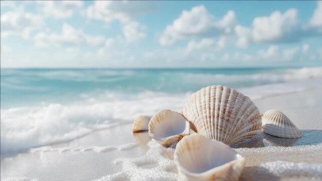 Close-up of shells on a sunny seaside with cloudy sky, hinting at a serene and peaceful day at the beach.