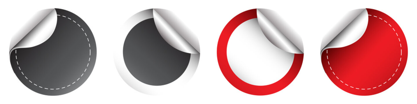 Set of four realistic sticker templates with curled corner on white background  various colors transparent background