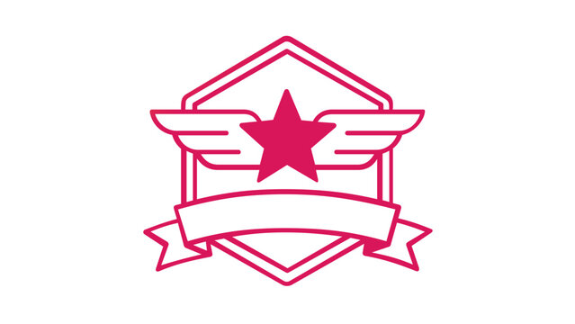 Vibrant orange and pink gradient vector illustration of a winged star badge icon with a ribbon banner and hexagonal shield frame, ideal for legal justice emblems, achievement awards, and success.