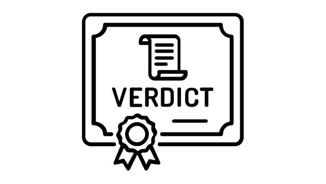 Verdict document vector icon illustration featuring a legal certificate with a scroll symbol and a seal, representing a court decision, justice, and law. Minimalist black and white line art style.