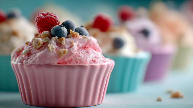 Colorful frozen dessert cups topped with fresh berries and chopped nuts arranged in a vibrant setting showcasing pink and pastel tones for sweet summer treats