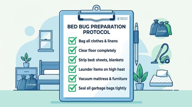 Checklist for bed bug treatment prep including bagging clothes, stripping beds, and vacuuming. Informative and organized approach to pest management. Educational resource for homeowners.