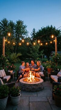 A family sits around a stone fire pit in a lush backyard at dusk. Effective pest control ensures a comfortable evening without mosquitoes. Ideal for pest management marketing and home lifestyle.