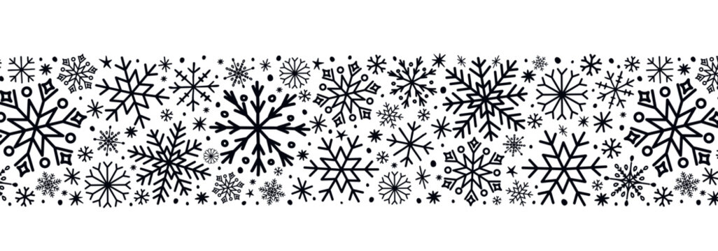 Hand drawn black white snowflake seamless border pattern. Winter holiday vector border with intricate snowflakes for Christmas cards, invitations, wrapping paper and festive decorations.