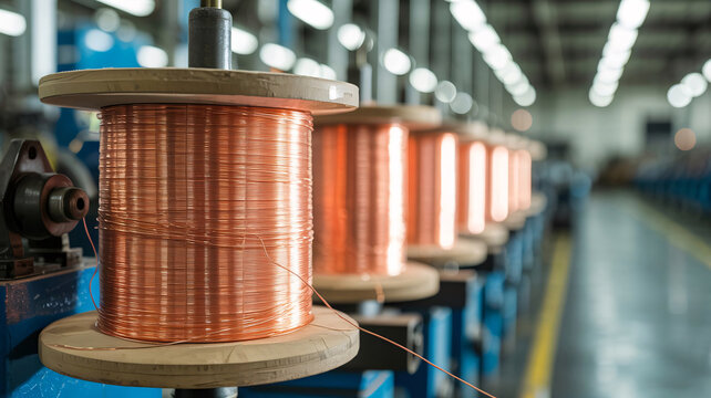Closeup of shiny copper wire spools on metal reels in an industrial factory for electrical cable manufacturing and production