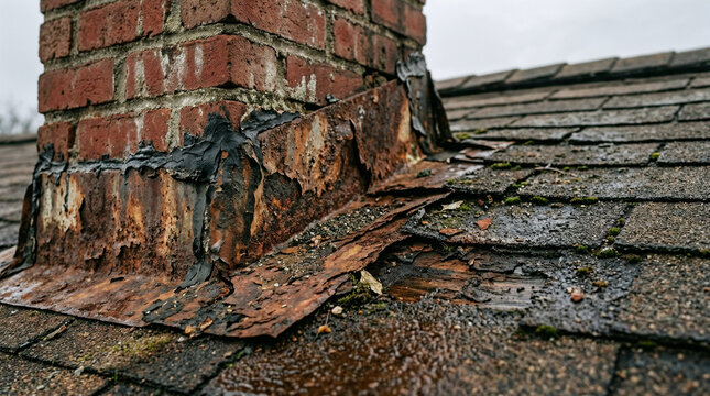 Rusted roof flashing causing leak, roofing maintenance concept