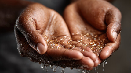 Fototapeta premium Cupped hands glistening with tiny grains and sweat, water dripping, symbolizing climate anxiety, resource scarcity, and the challenging impacts of global warming