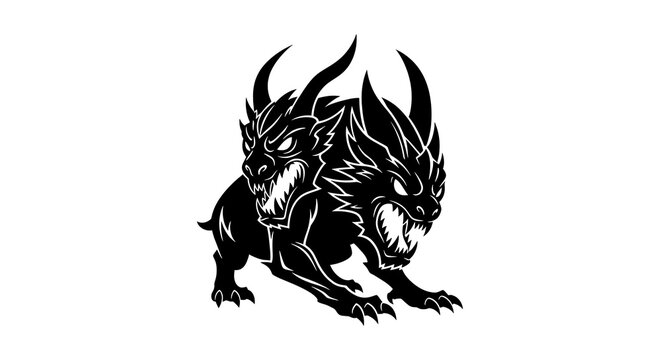Two-headed monster creature with sharp teeth and horns in black vector graphic design