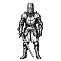 Fototapeta premium Medieval Knight in Full Plate Armor with Cross on Helmet, Scratchboard Engraving Illustration
