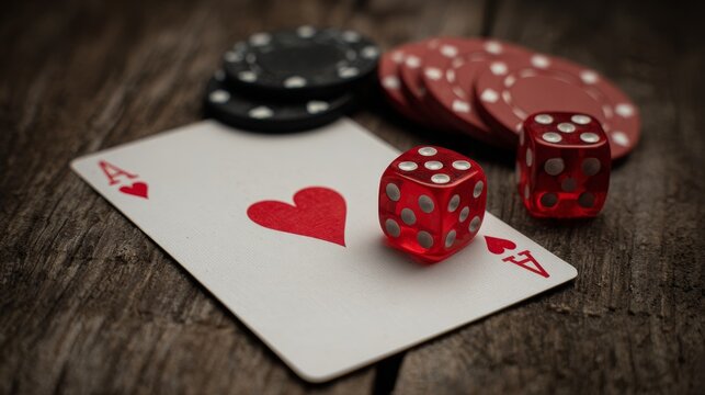 Ace of Hearts playing card with red dice and poker chips on a dark wooden table classic casino and gambling concept.