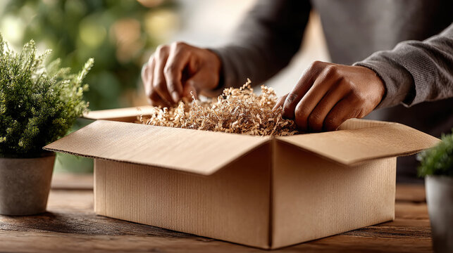 Person's hands putting eco friendly shredded paper filler into a brown cardboard box, conceptualizing sustainable packaging, mindful shipping, and responsible e commerce logistics