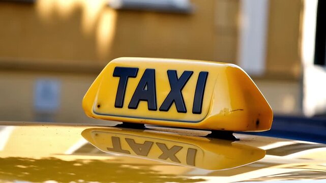 Yellow taxi cab roof sign with black lettering reflecting on polished car surface 