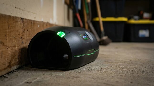 A modern black electronic pest control device sits on a concrete floor. The green LED indicates a successful catch in a garage setting. Ideal for home maintenance and pest management content.