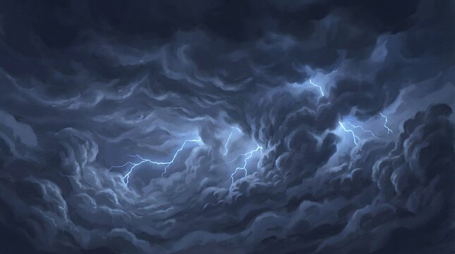 Dramatic digital painting of a dark stormy sky with turbulent blue clouds and glowing lightning strikes.