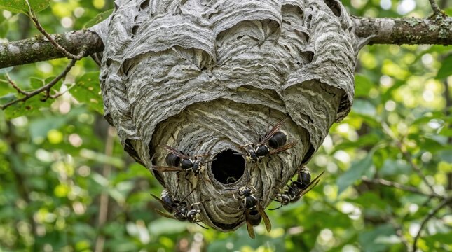 Bald faced hornets crawling on a large paper nest in a tree. This represents a stinging insect hazard and pest infestation. Ideal for pest control services and nature safety articles.
