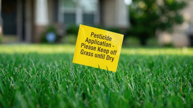 A yellow pesticide application sign sits on a lush green lawn. It warns people to keep off until the treatment is dry. Ideal for environmental safety or lawn care services content.