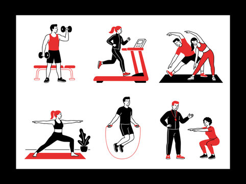 Fitness exercise illustration set: men and women doing gym workouts in flat vector style.