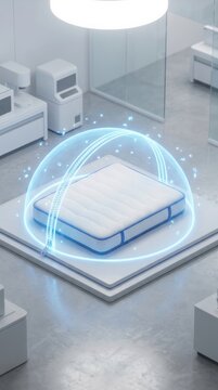 A mattress is covered by a glowing blue holographic dome with a zipper. It represents high-tech pest control and bed bug protection in a clean lab. Perfect for pest management services.